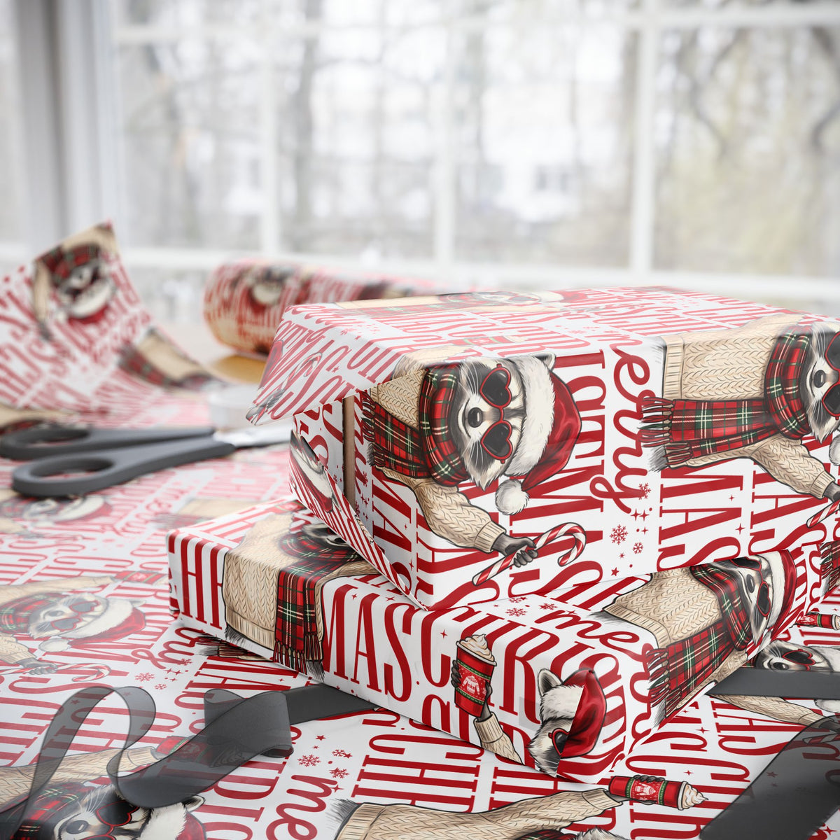 Christmas Raccoon Holiday Wrap | Merry Raccoon Wrapping Paper |  Size 30x72 inches roll
