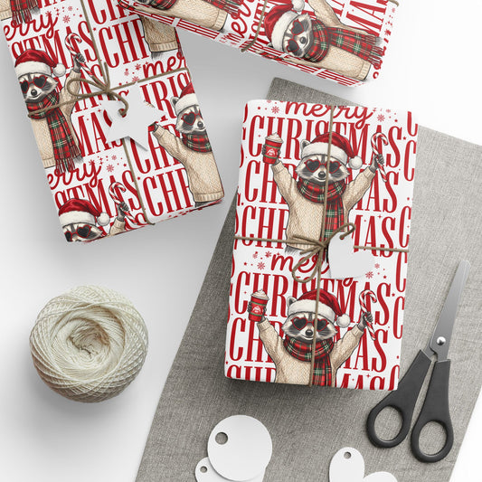 Christmas Raccoon Holiday Wrap | Merry Raccoon Wrapping Paper |  Size 30x72 inches roll