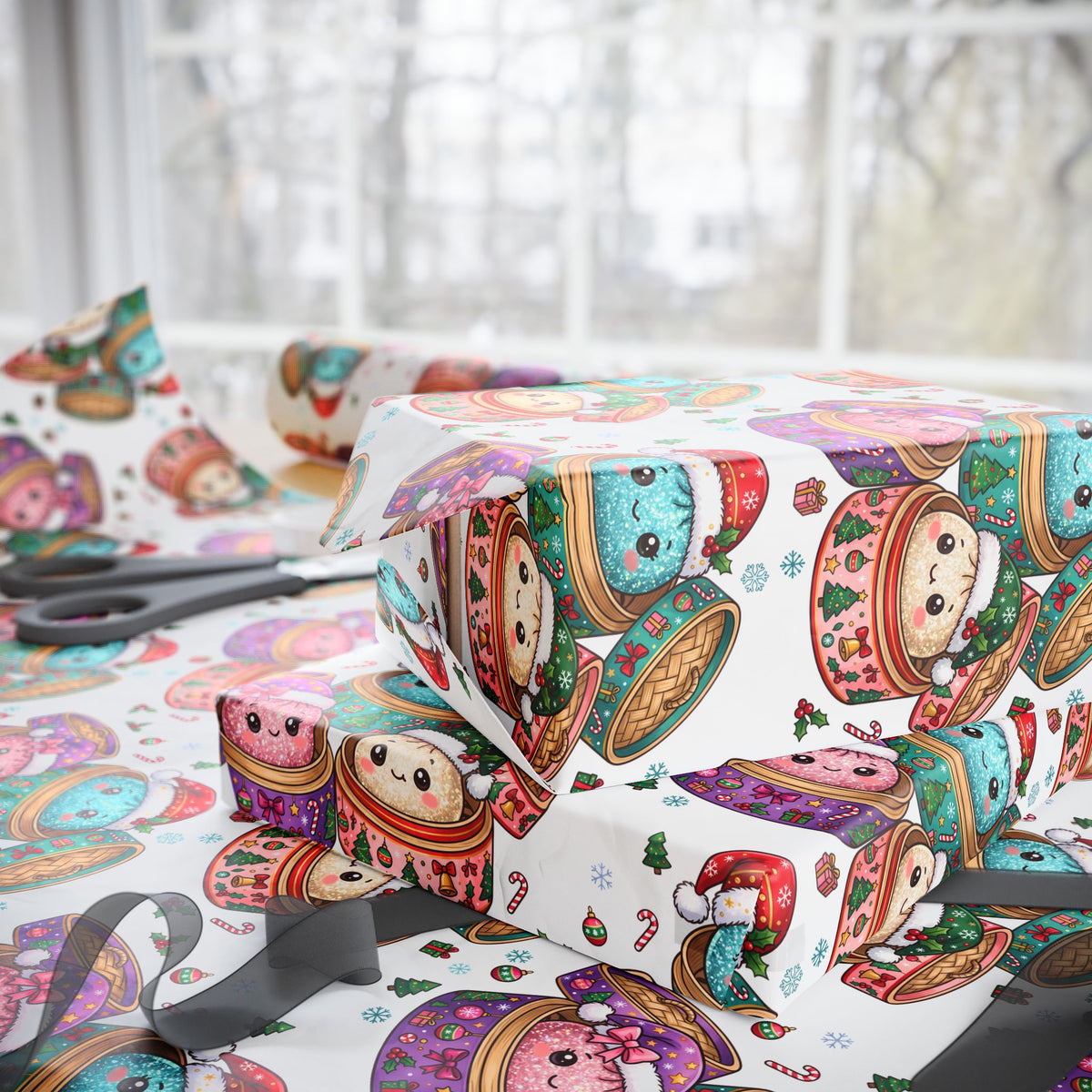 Preppy Christmas Dumplings Wrapping Paper | Holiday Dumplings Gift Wrap Size 30x72" inches
