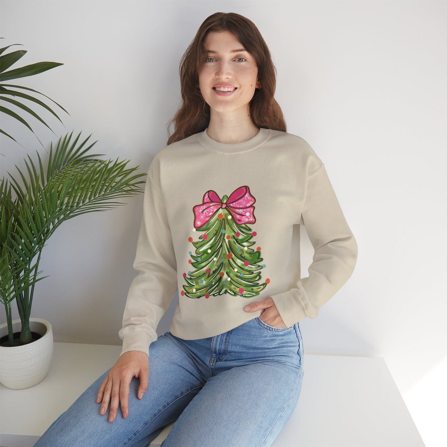 Christmas Tree Sweatshirt with Bow - Cozy Unisex Crewneck