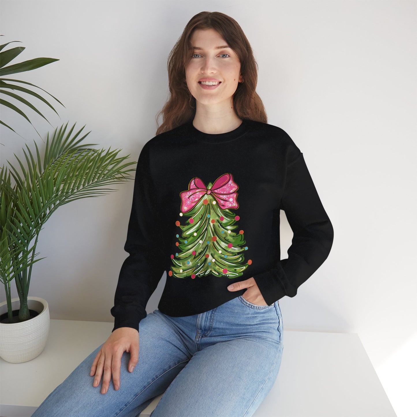 Christmas Tree Sweatshirt with Bow - Cozy Unisex Crewneck