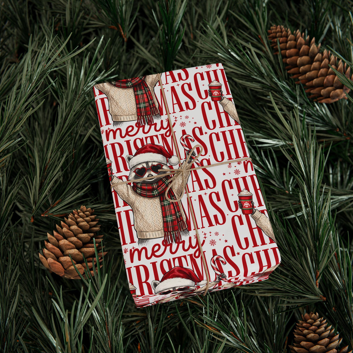 Christmas Raccoon Holiday Wrap | Merry Raccoon Wrapping Paper |  Size 30x72 inches roll